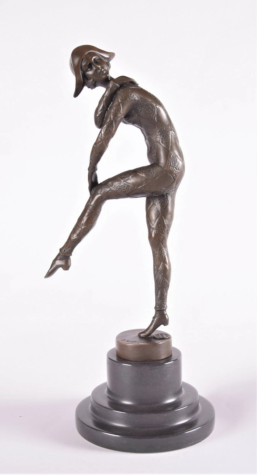 Harlequin Dancer – Bronze Sculpture in Art Deco Style on Round Marble Column
