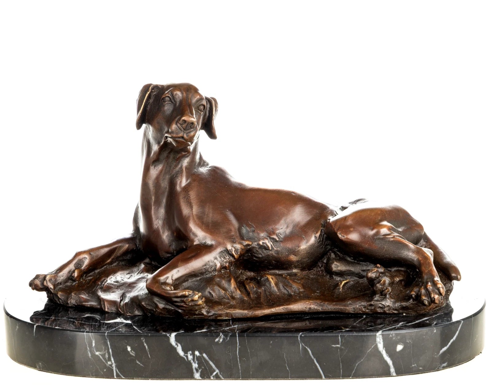 Resting Hunting Dog – Bronze Sculpture on Oval Marble Base