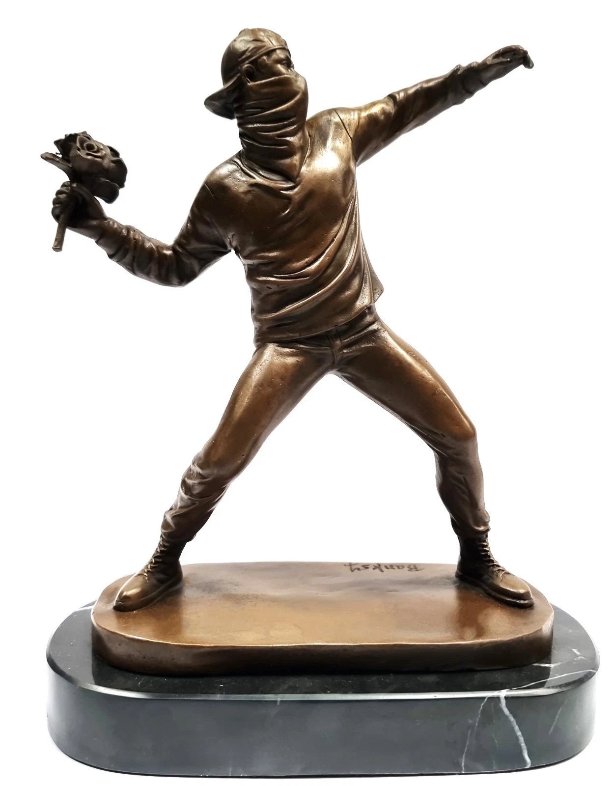 Flower Thrower – Banksy-Style Bronze Sculpture on Marble Base