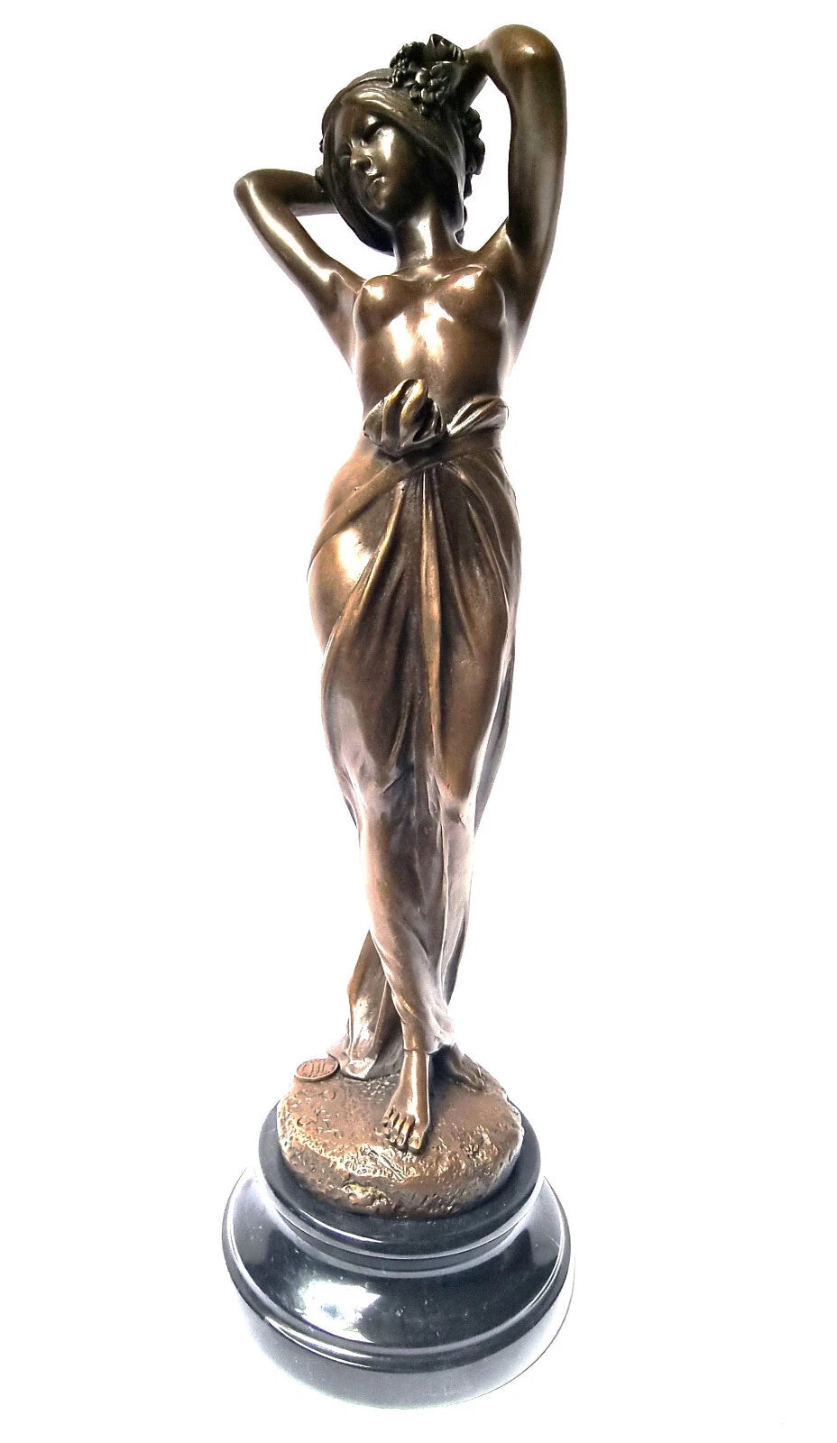 Goddess of Spring – Bronze Sculpture of Woman in Art Nouveau Style on Round Marble Base