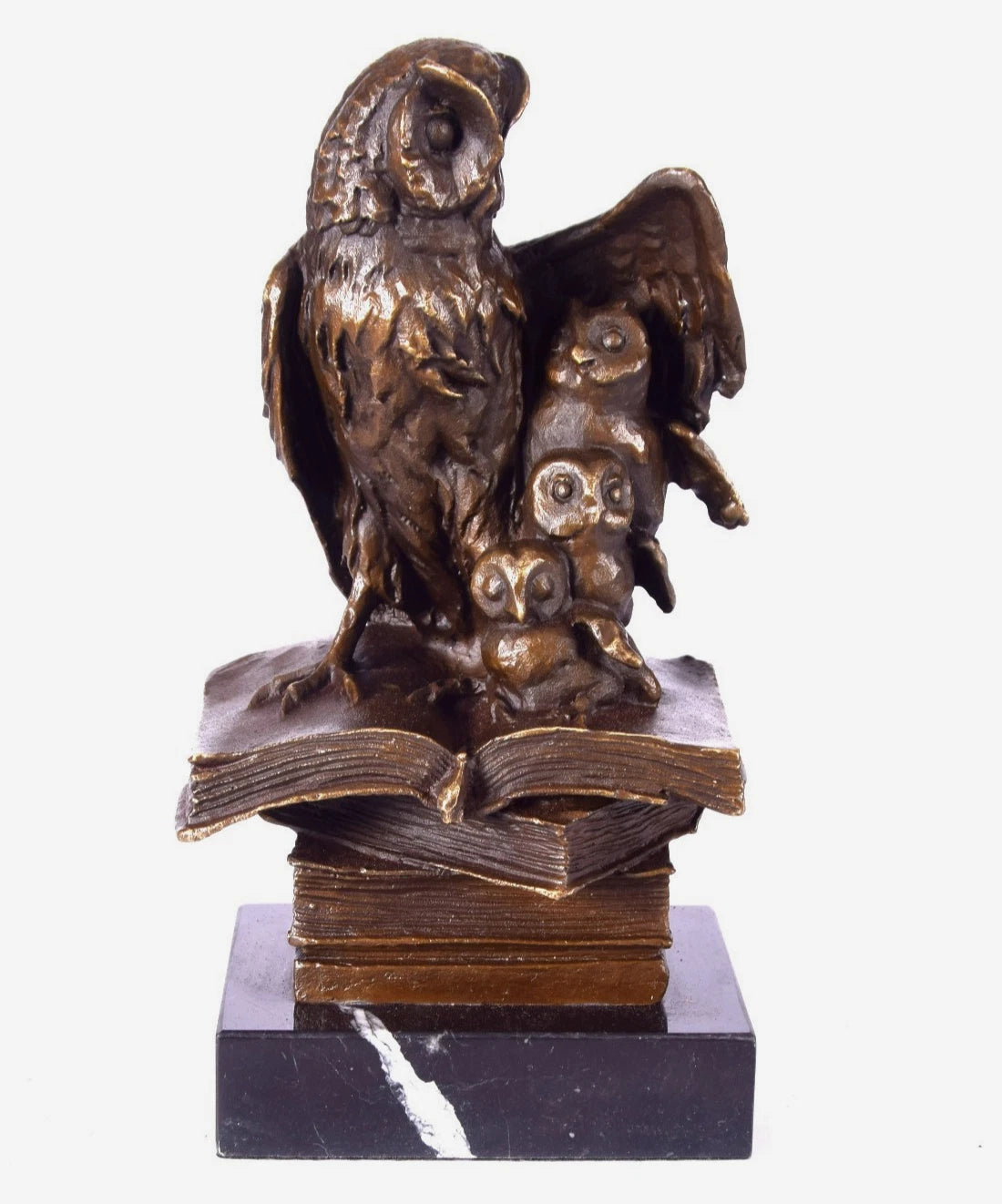 Owl of Wisdom with Owlets on Books – Bronze Sculpture on Marble Base