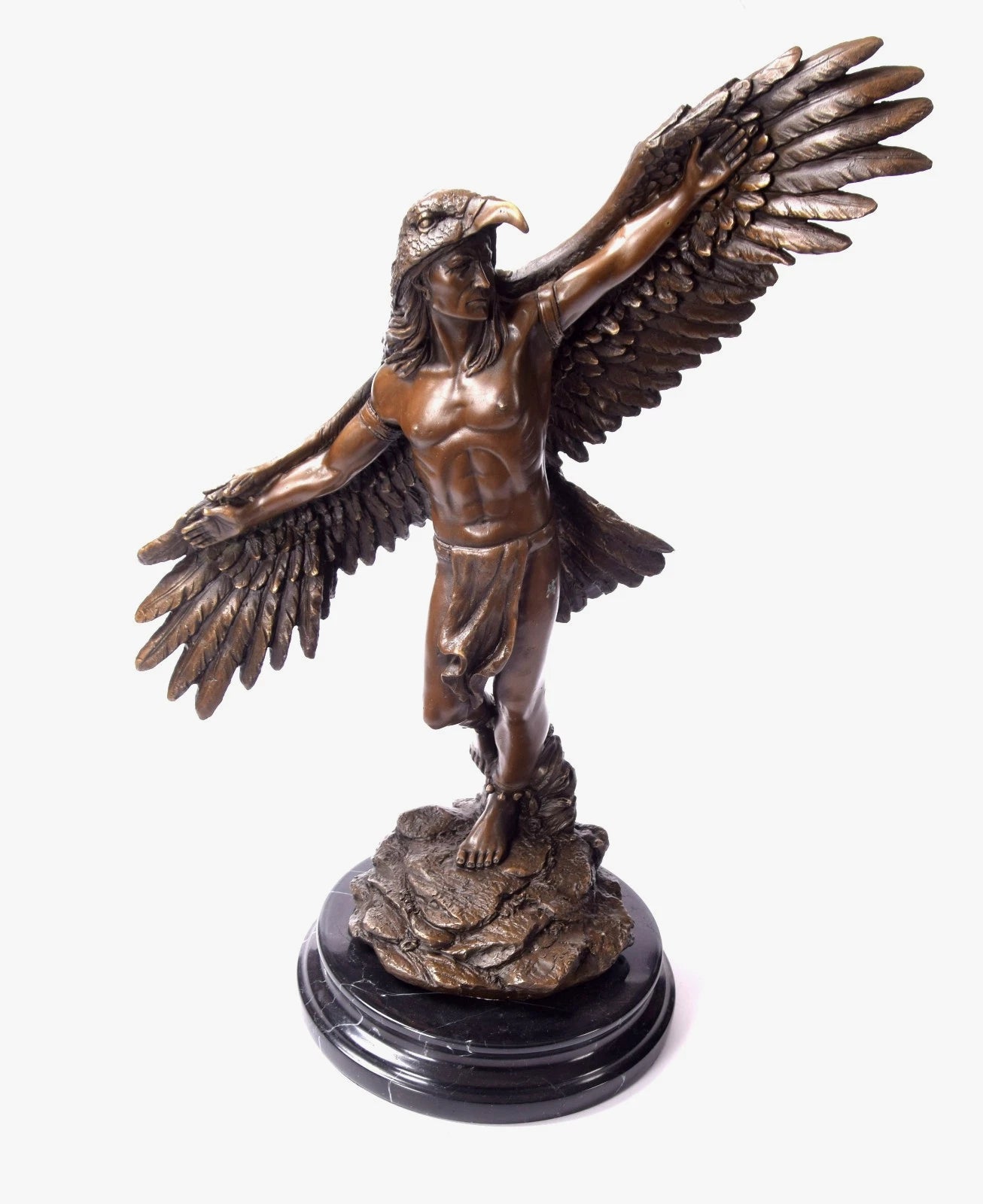 Eagle Warrior – Bronze Sculpture of a Native American Shaman on Round Marble Base