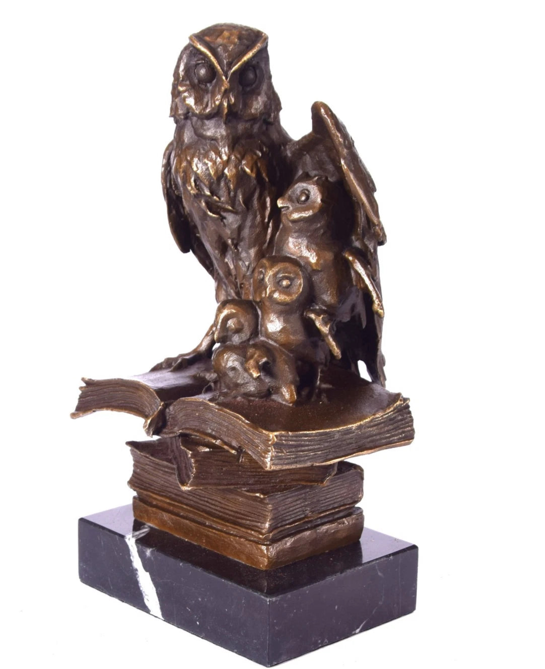 Owl of Wisdom with Owlets on Books – Bronze Sculpture on Marble Base
