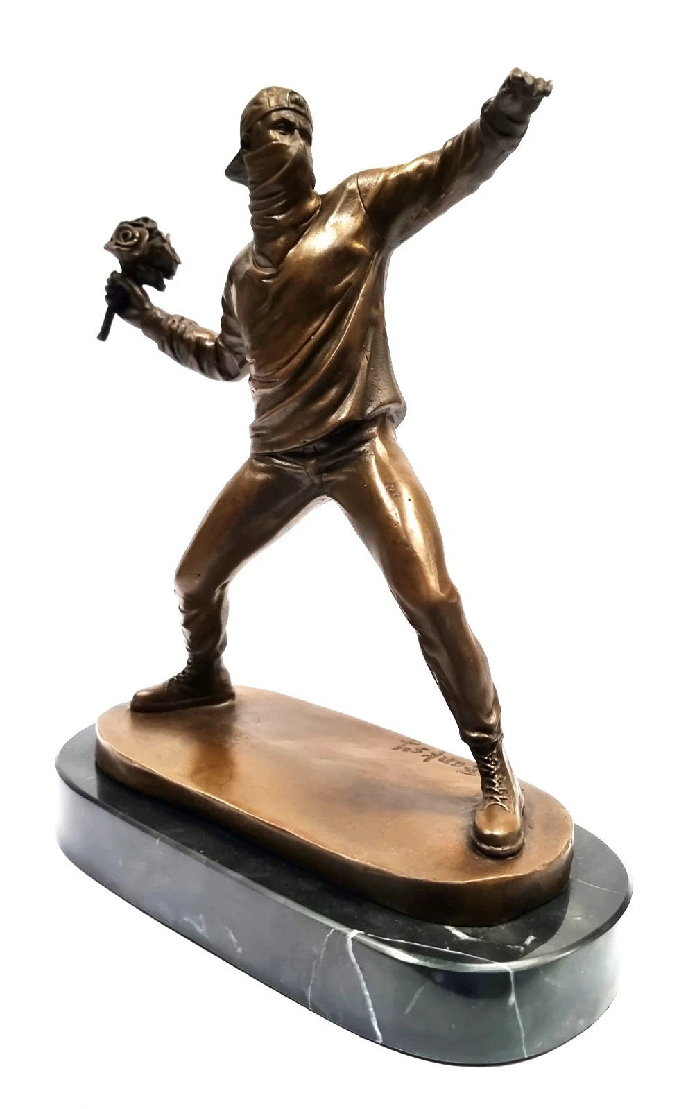 Flower Thrower – Banksy-Style Bronze Sculpture on Marble Base