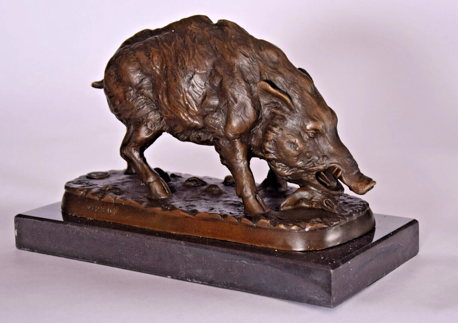 Wild Boar Foraging – Bronze Sculpture on Marble Base