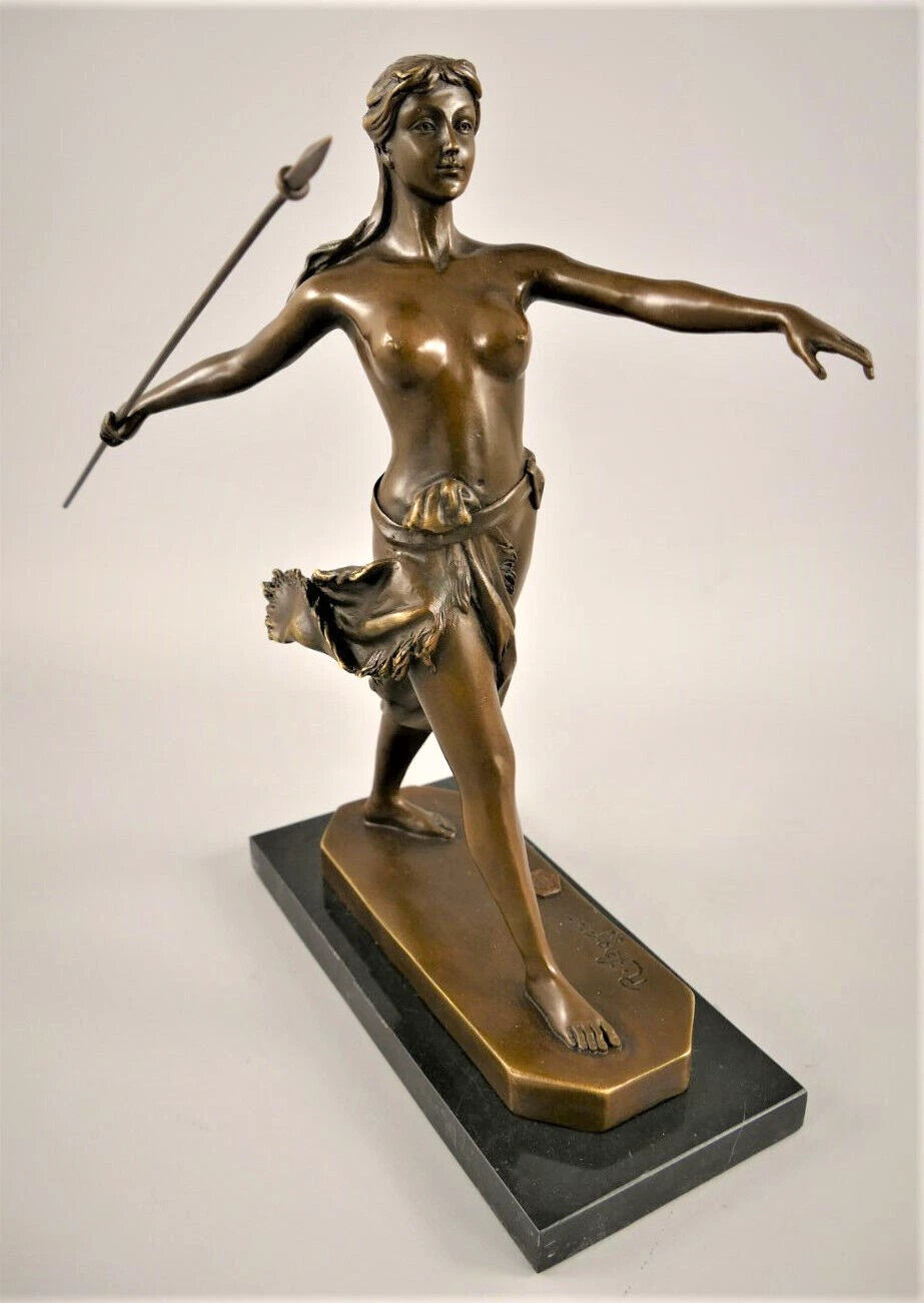 Diana the Huntress with Spear – Bronze Sculpture on Marble Base