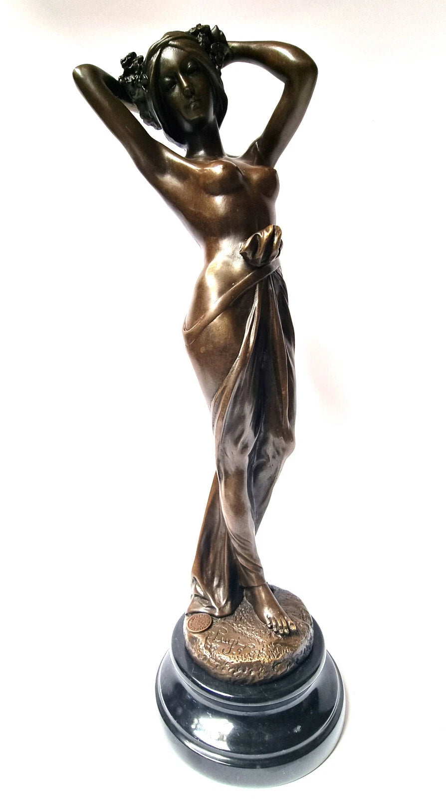 Goddess of Spring – Bronze Sculpture of Woman in Art Nouveau Style on Round Marble Base